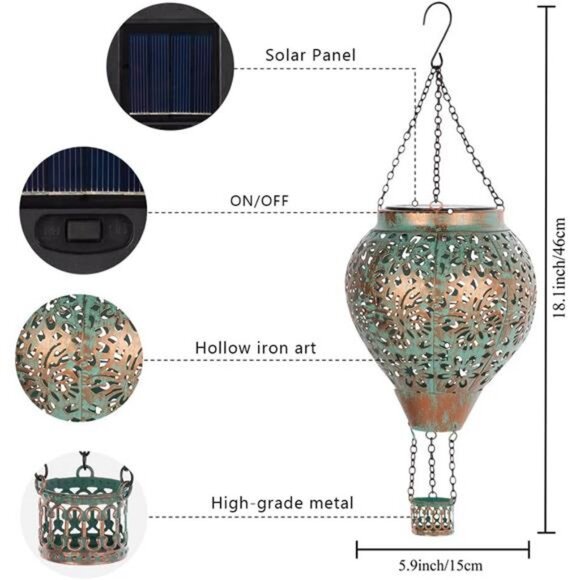 Hot Air Balloon Solar Lantern, Butterfly Hollow Out Metal Hot Air Balloon Decor - Picture 5 of 7